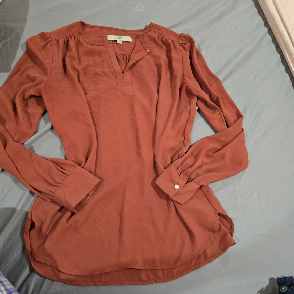 LOFT Orange Red Blouse with Mandarin Collar and Cuffed Sleeves